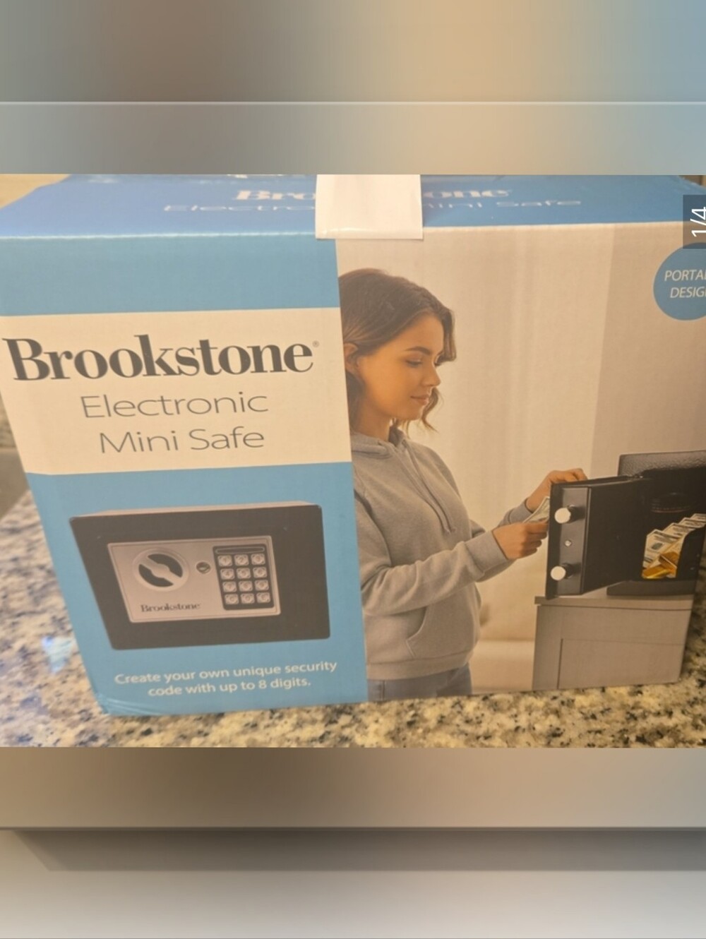 New In Box Brookstone Black and Silver Electronic Mini Safe with Keypad